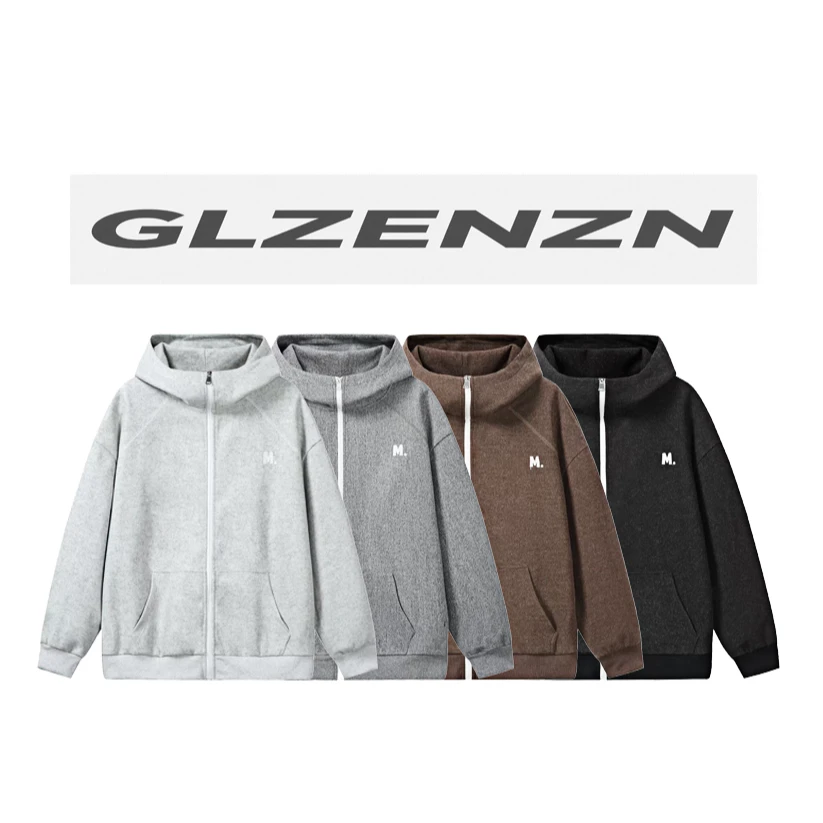 【古徕甄赞】重磅美式复古毛呢连帽卫衣秋季宽松撞色拉链款情侣外套