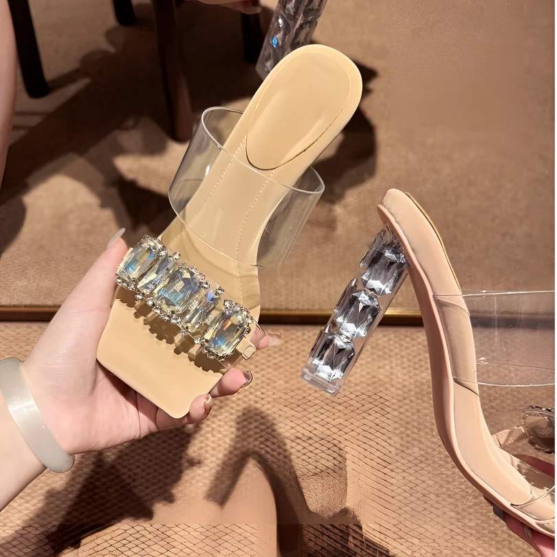 【Umi Shoes】PVC透明一字带水钻凉拖女2025夏新款踩屎感粗跟凉鞋