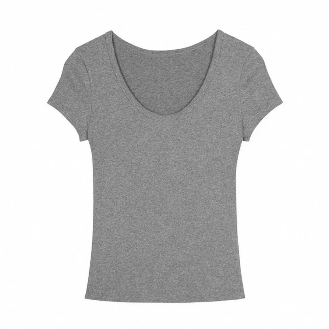 254027-小南  短袖通勤风修身T恤不规则高腰夏季短款灰色圆领