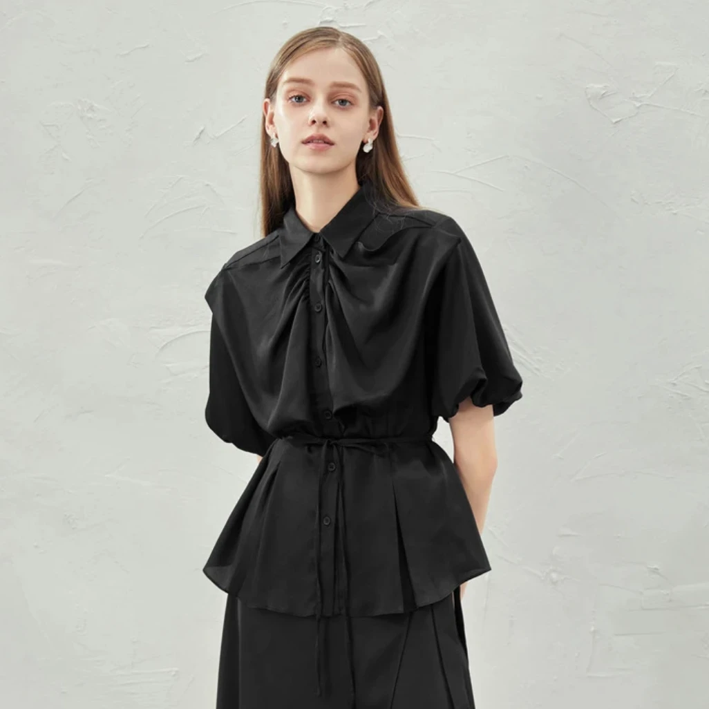 圣迪奥女装夏季时尚气质甜美翻领拼接收腰泡泡袖衬衫 S232Z0467