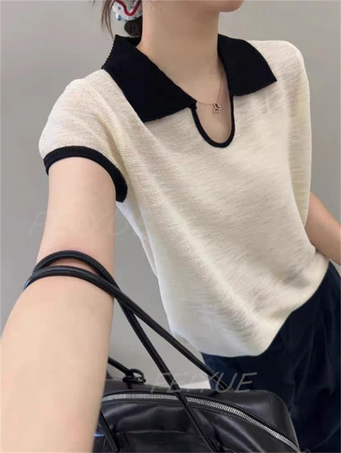 法式polo领撞色针织短袖上衣女新夏季时尚设计感小众别致短款t恤