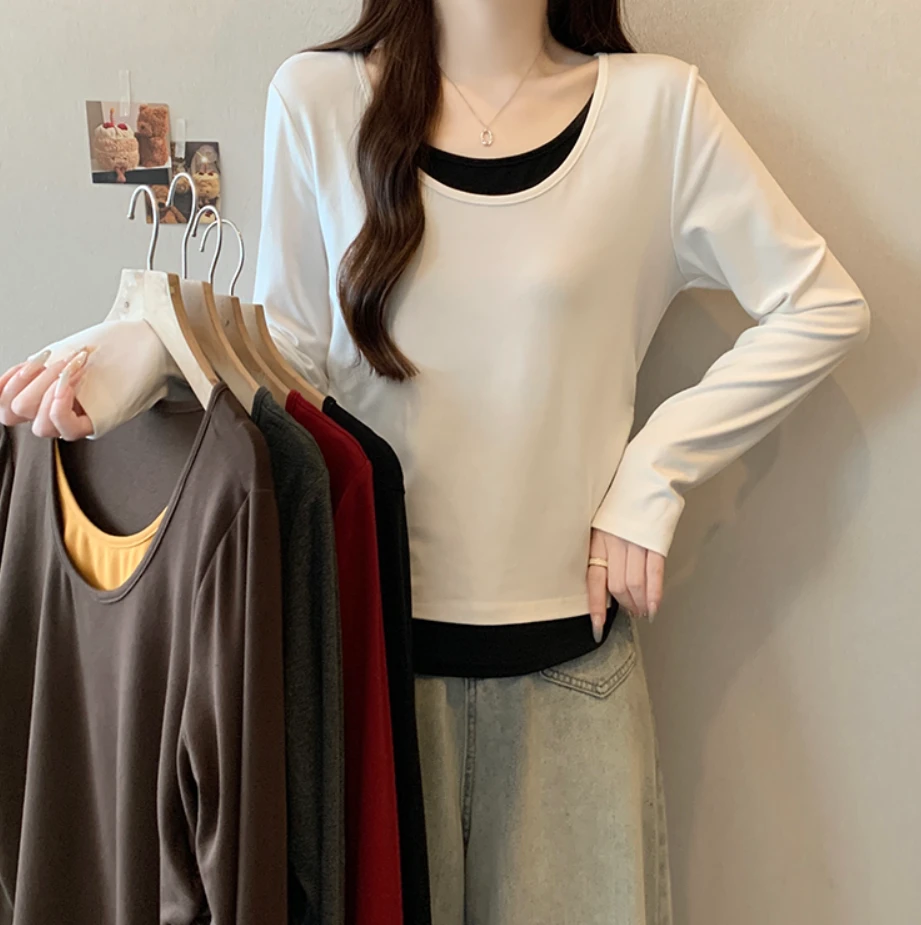 【猪猪队运费补贴】秋装新款胖mm撞色设计感假两件正肩长袖T恤