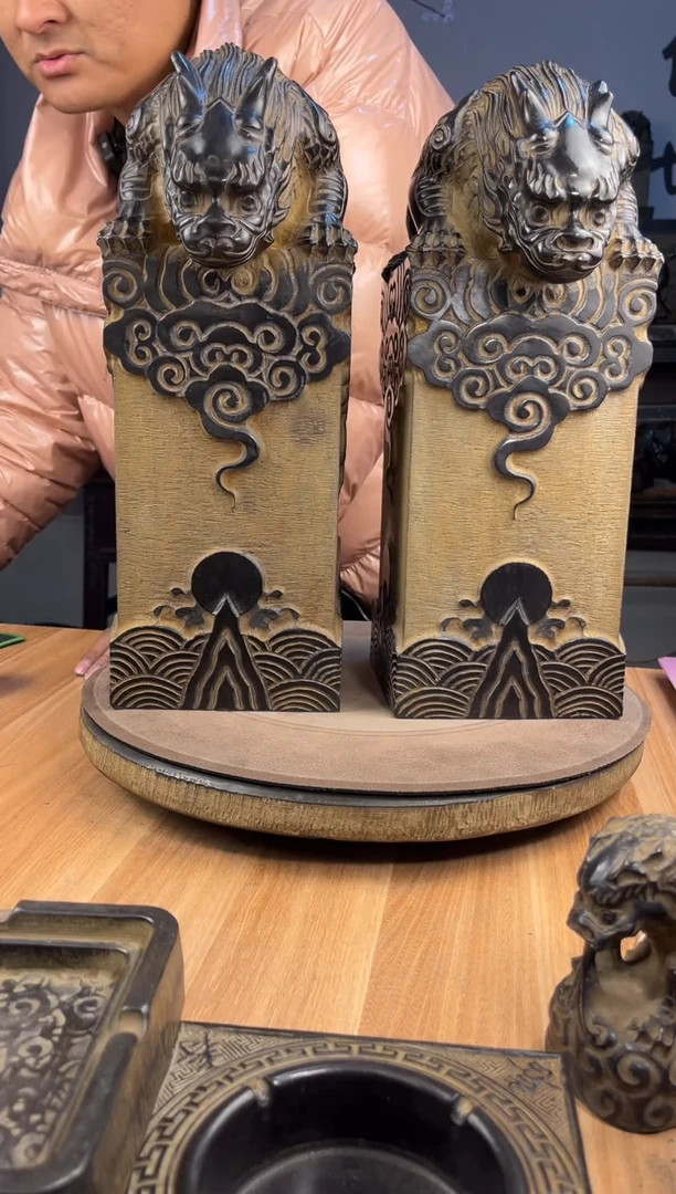 石材青石仿古40云柱吸水兽一对