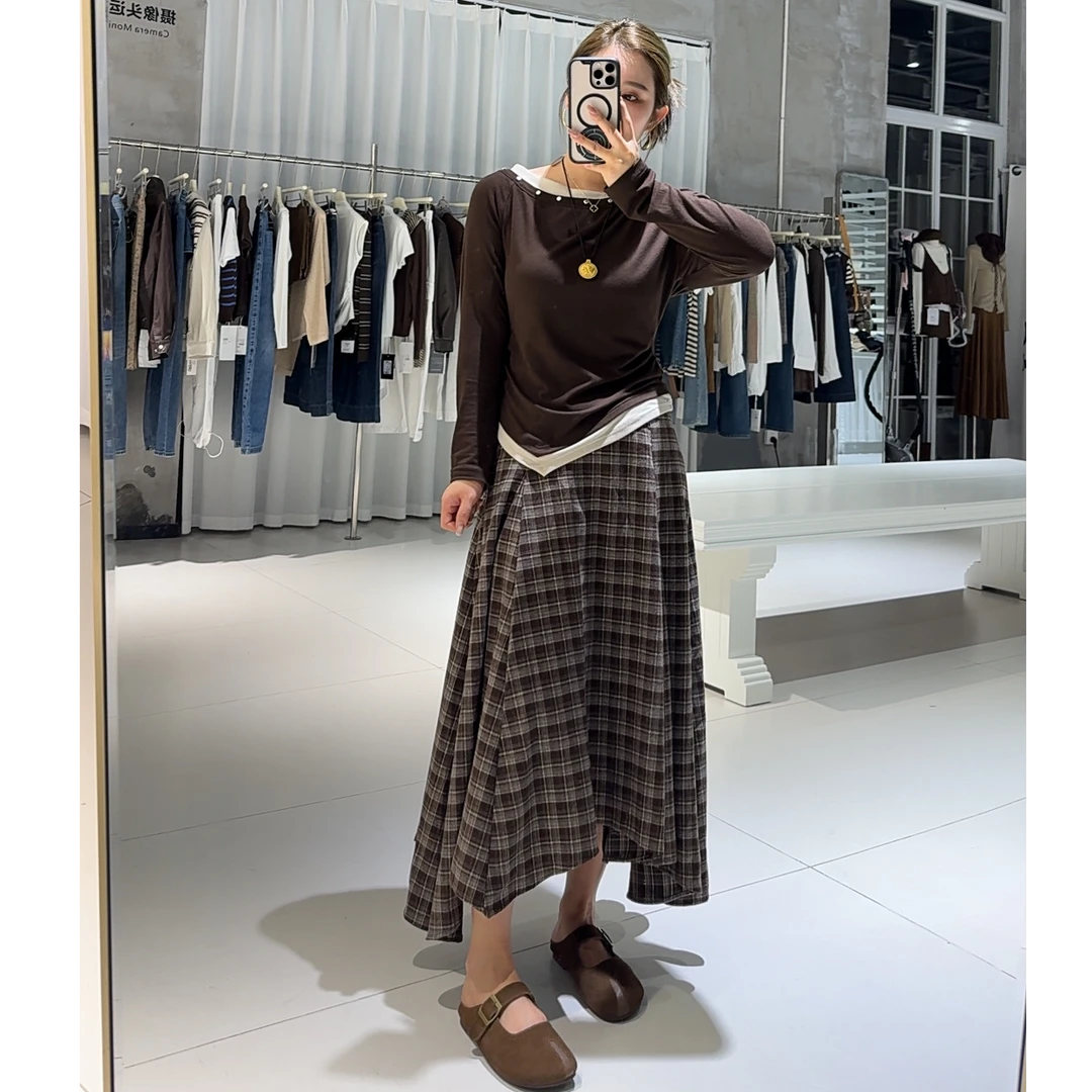 贝姐同款【斜肩长袖T恤+不规则半裙】秋季潮流辣妈风两件套套装6069