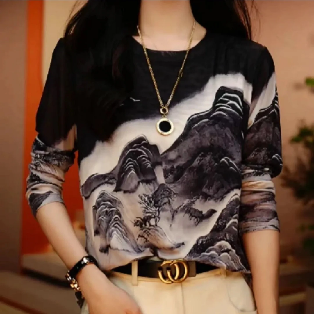 春季新款双层网纱印花打底衫