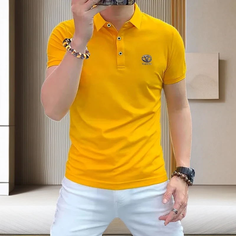 轻奢休闲男士黄色短袖Polo衫男夏季薄款字母商务修身翻领T恤潮帅