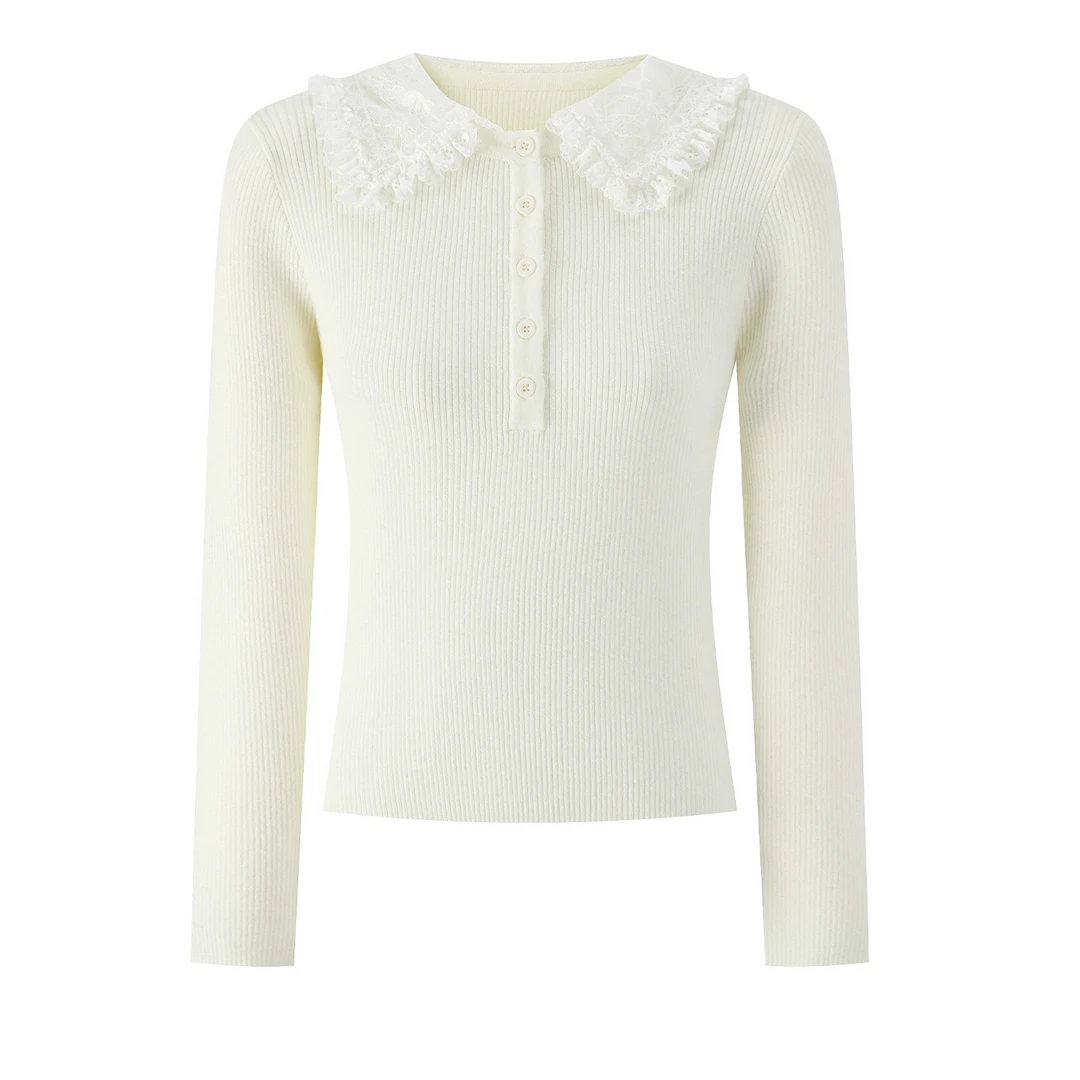 羊城故事-韩系蕾丝翻领毛针织衫女秋季新款甜美长袖上衣Y51054325