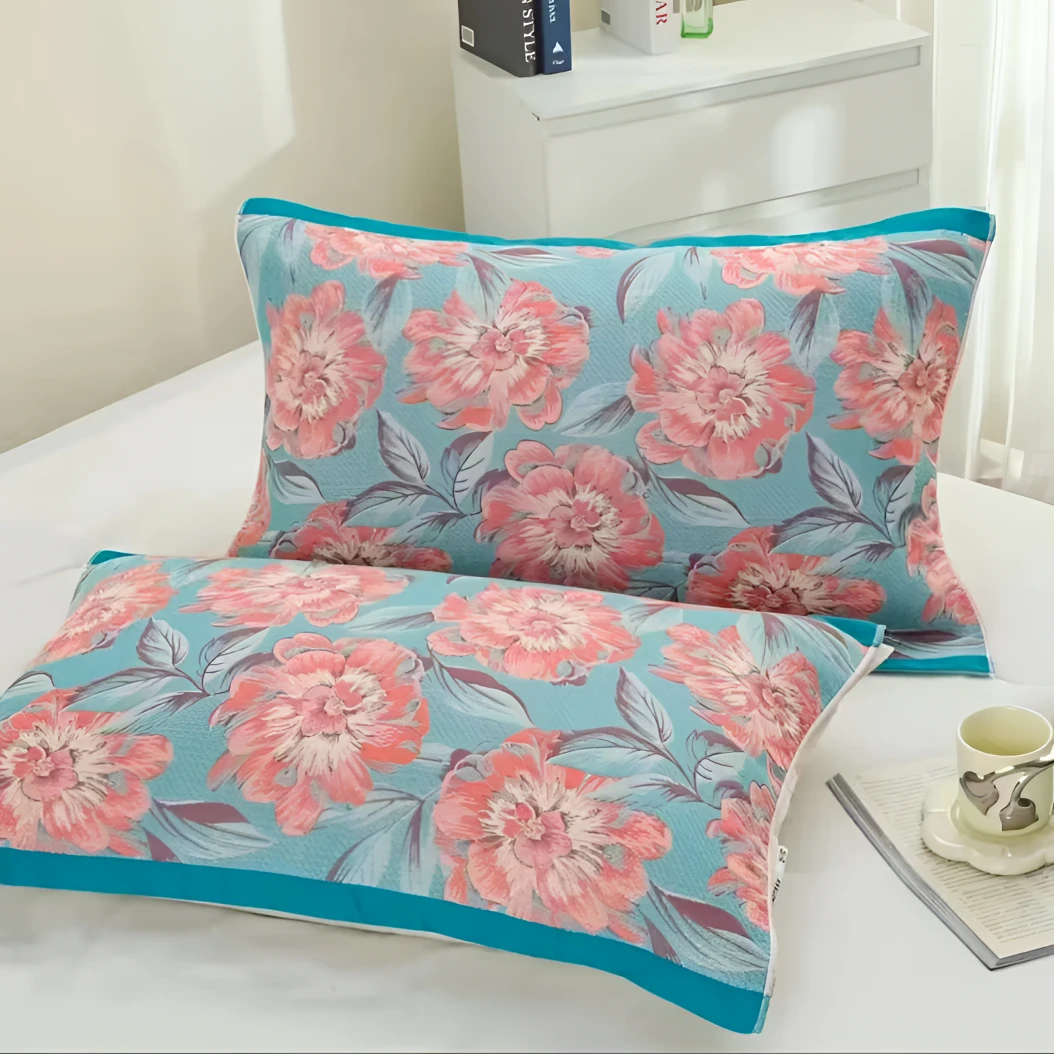 轻奢柔软透气吸汗高档成人欧式家用八层纱加厚纱布枕巾--【牡丹蓝】