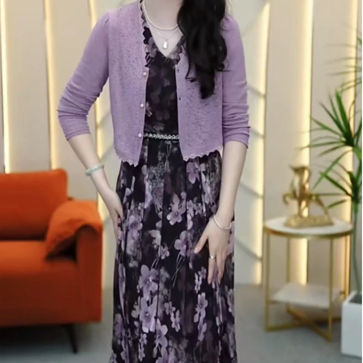 外披+背心裙2025春季薰衣草紫色温柔风穿搭女人味印花连衣裙