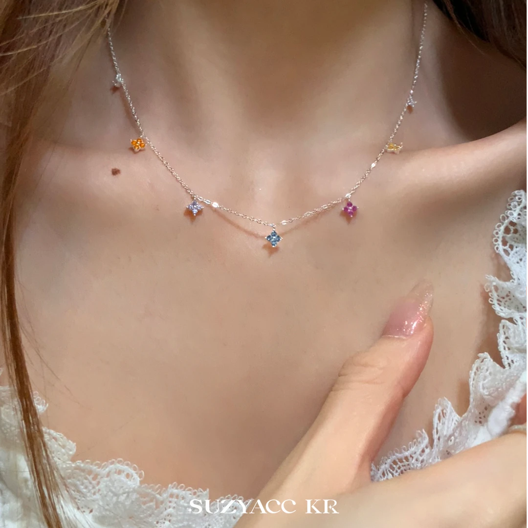 Suzyacc Kr 链子足银合成锆石 999银【彩色四叶草】项链DX0287