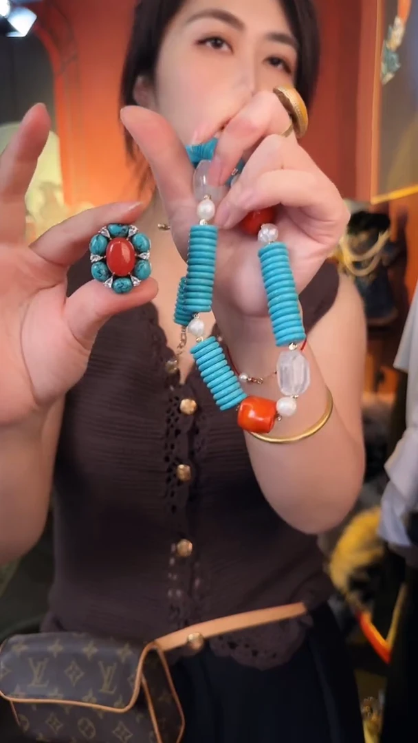 合金无合金无复古蓝色松松项链耳针套装