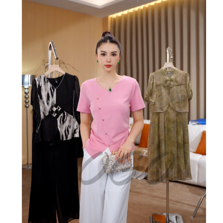 G7132V领短袖女t恤夏季2025年新款大码女装宽松显瘦洋气女士上衣