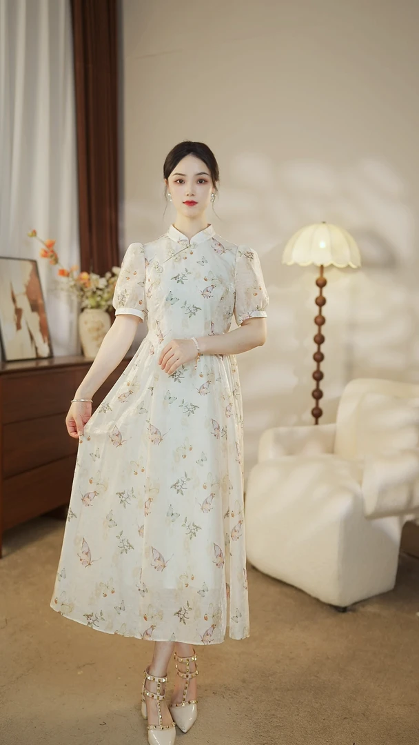 遇见蝴蝶DY001 新款2025新款国风新中式显瘦中长款花蝴蝶连衣裙