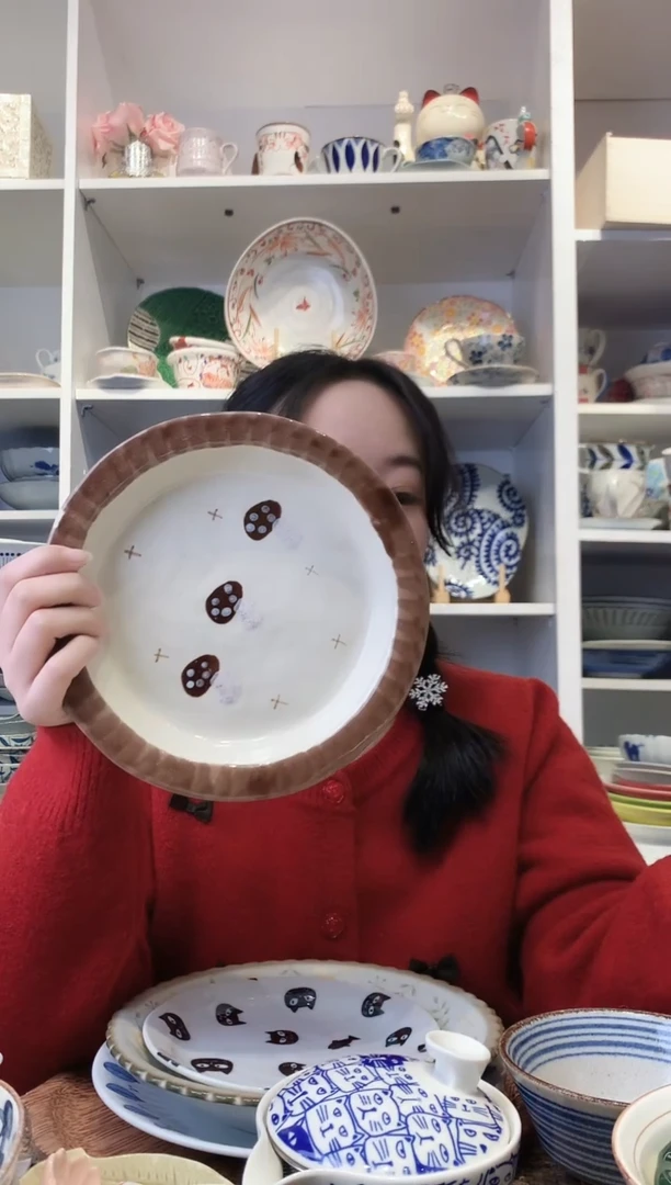 陶瓷【微瑕】粗陶手绘蘑菇深盘20cm