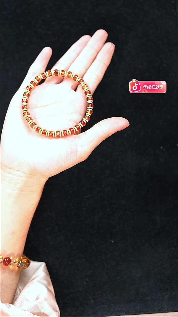 琥珀银S925镀金镶嵌珠宝奇石6mm红蓝钻切文玩串