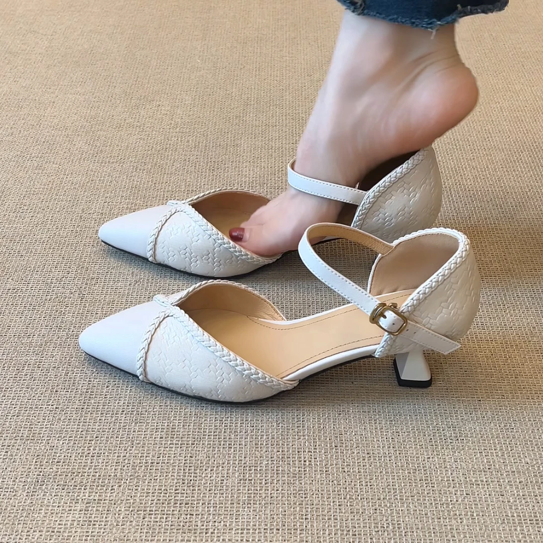 RubyL/5cm2025年夏季气质时尚百搭舒适简约酒杯跟纯色包头凉鞋