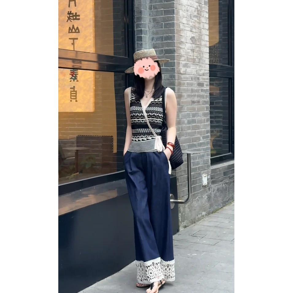 时尚设计感韩版针织上衣蕾丝阔腿裤套装女2025春夏新款小个子