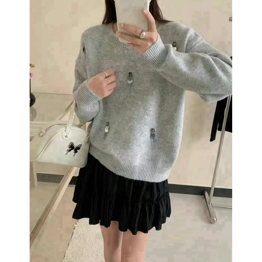 H2612【学院女神】简约学院优雅风.休闲亮片.时尚长袖羊毛衫