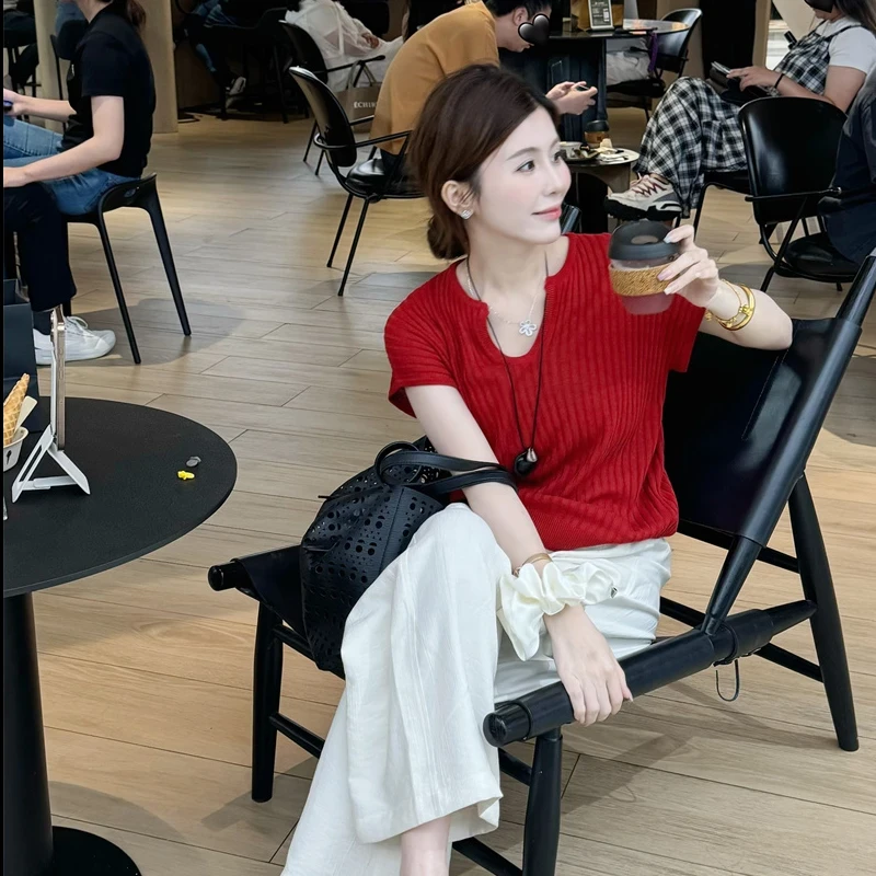 M161夏季新款韩版百搭懒简约风小V领显瘦红色针织短袖上衣女薄款