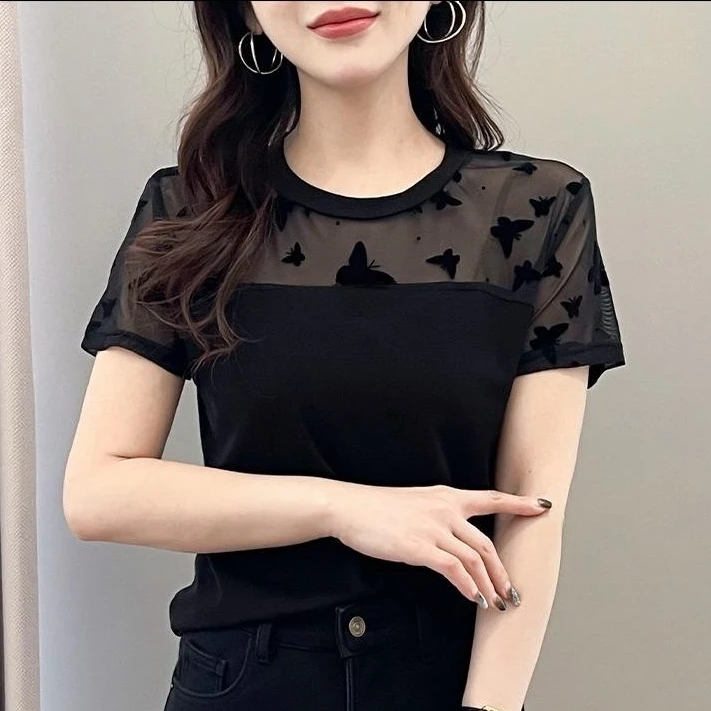 网纱蝴蝶短袖打底衫女性感小衫夏季新款植绒百搭外穿t恤上衣T恤