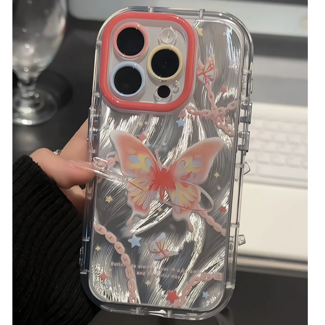 羽纱适用苹果16pro防摔手机壳华为p创意链条粉晕染蝴蝶mate70新款