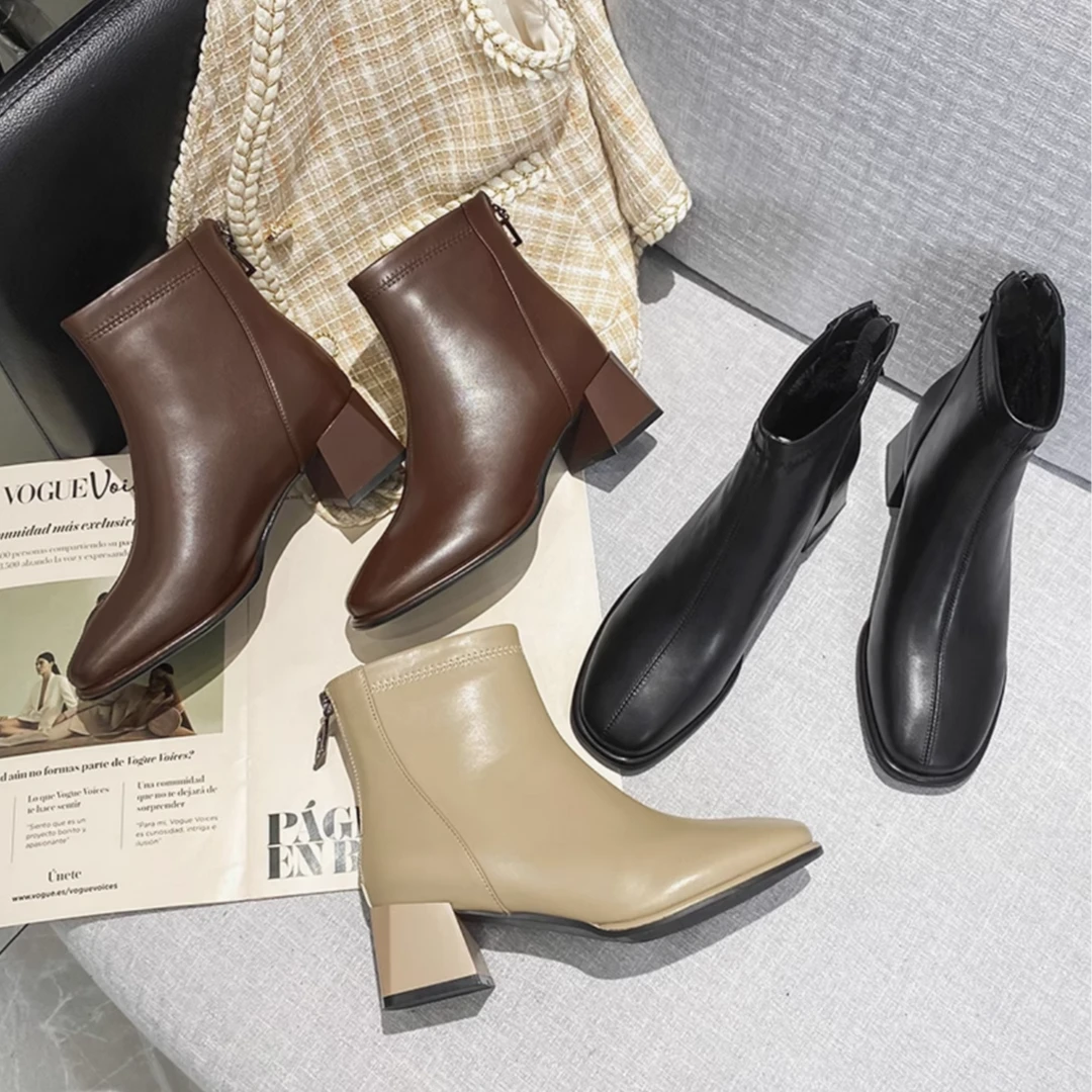 昔子9115短靴马丁靴瘦瘦靴女鞋粗跟高跟秋冬时尚气质女鞋中跟