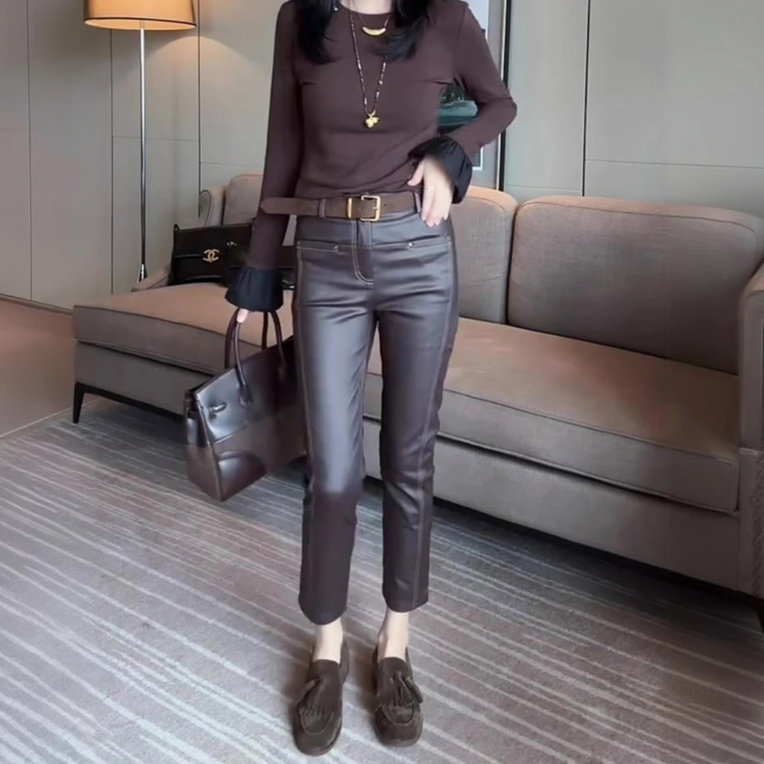 秋季爆款韩版时尚百搭洋气皮裤梨形身材显瘦高腰遮肉九分直筒裤