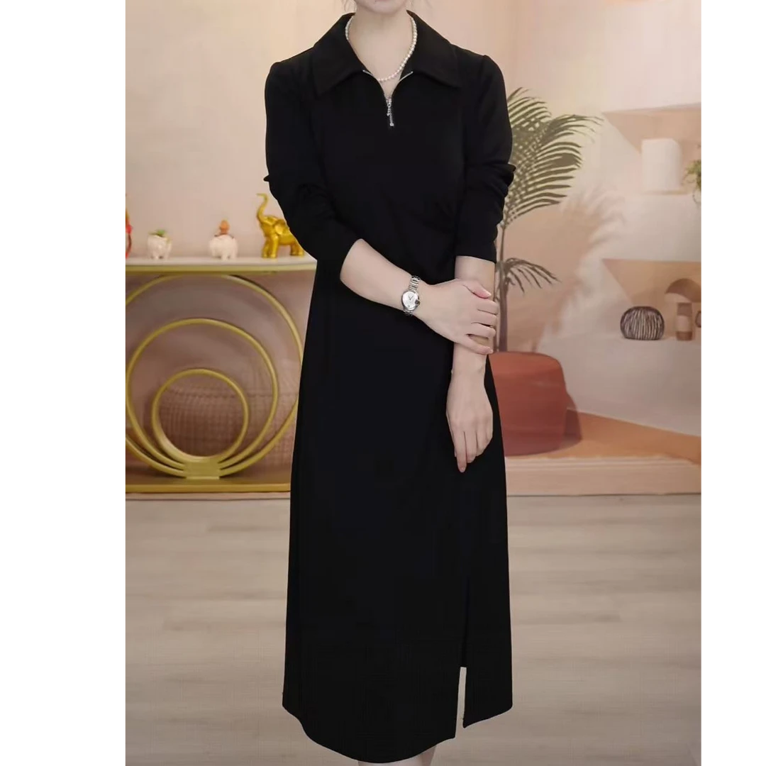 X0740 连衣裙修身针织开衫高腰长袖春季黑色小黑裙轻奢风