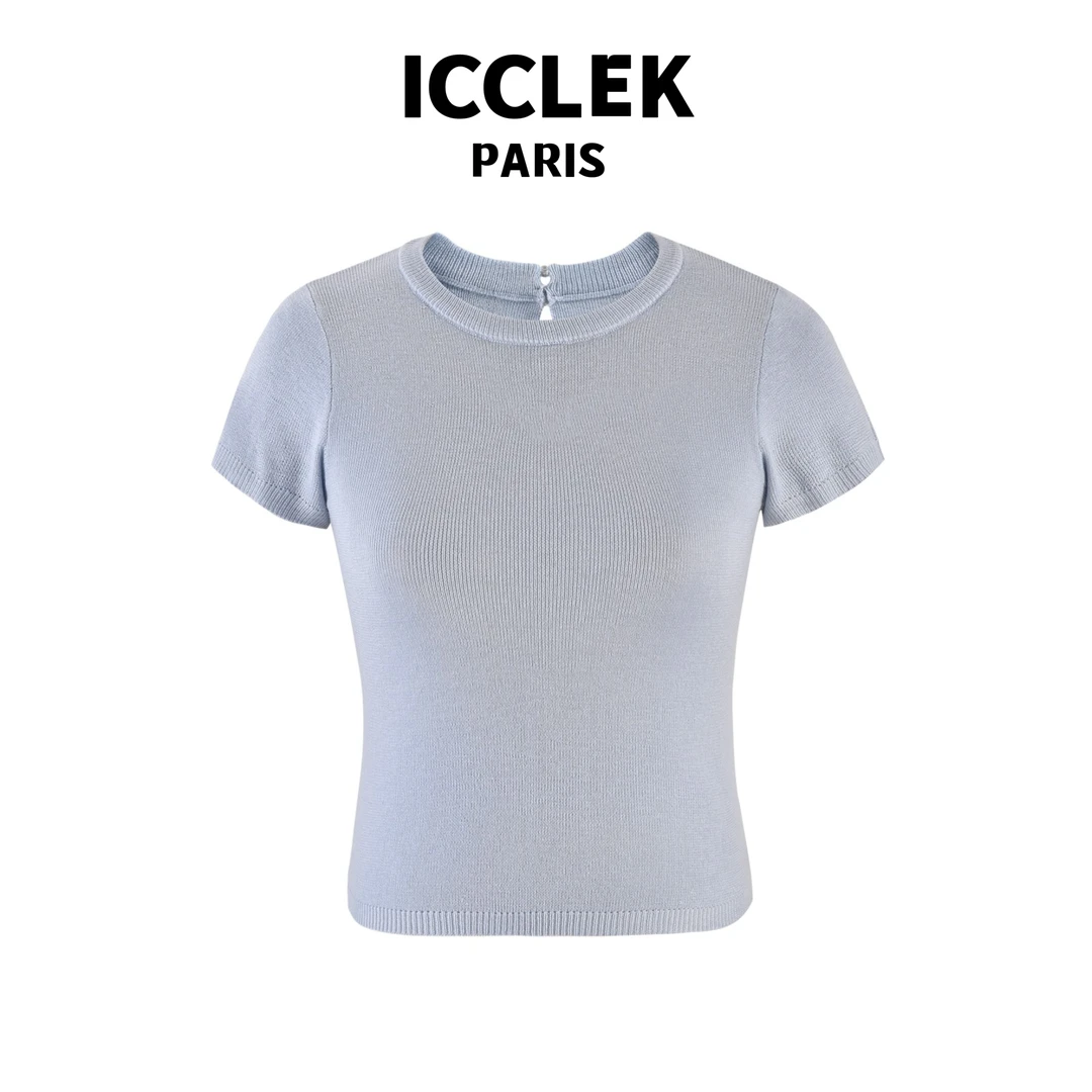 ICCLEK 夏季时尚纯色修身圆领显瘦减龄百搭针织短袖女甜美 - 2457
