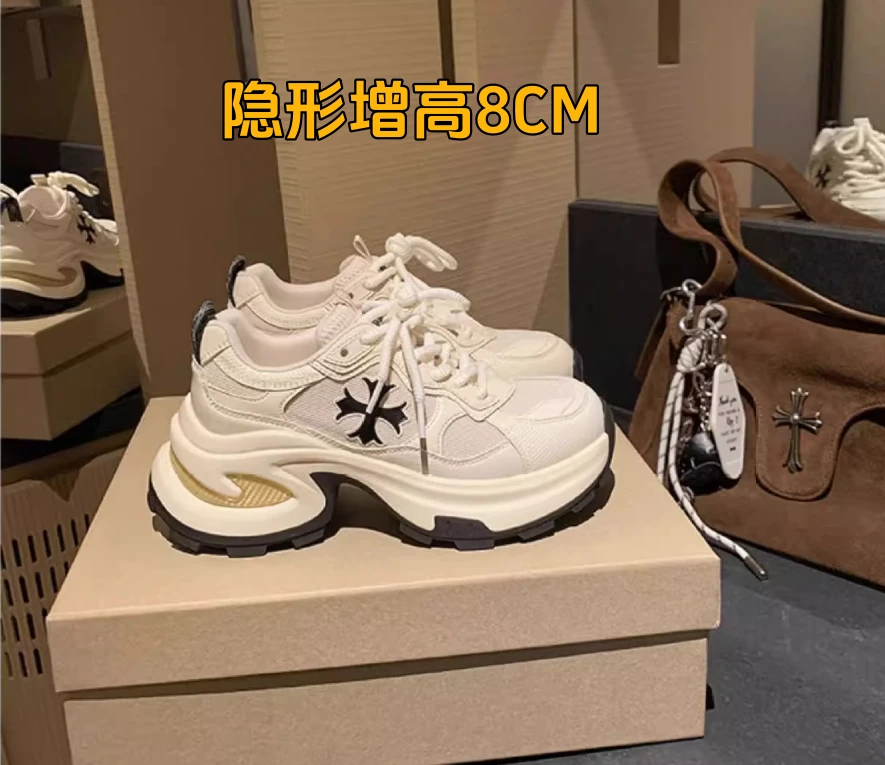 小个子内增高8CM秋冬季真皮十字花厚底透气跑步休闲运动老爹鞋女