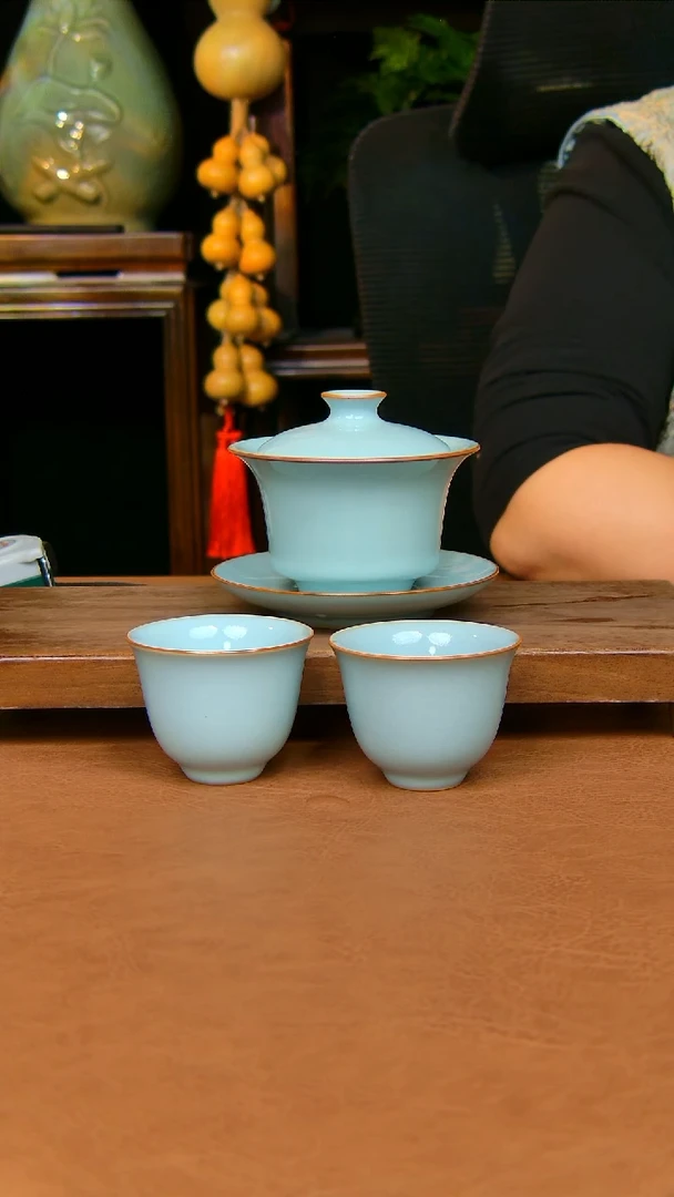 瓷片马蹄盖碗加两杯全手工