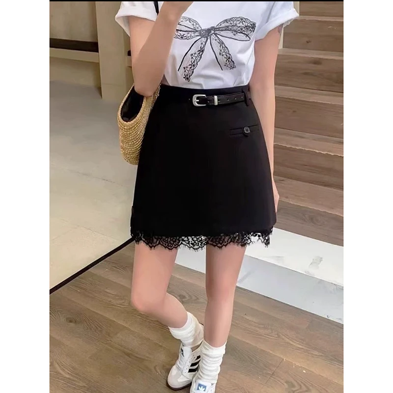 陈花花 百搭气质简约拼接蕾丝A字短裙半身裙