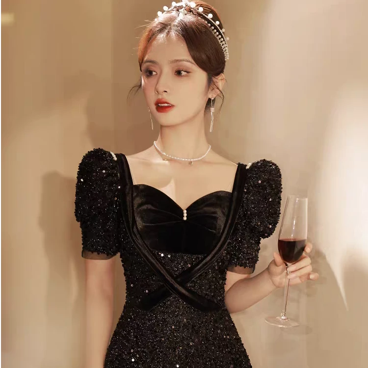 黑色赫本风法式名媛气质晚礼服 年会礼服