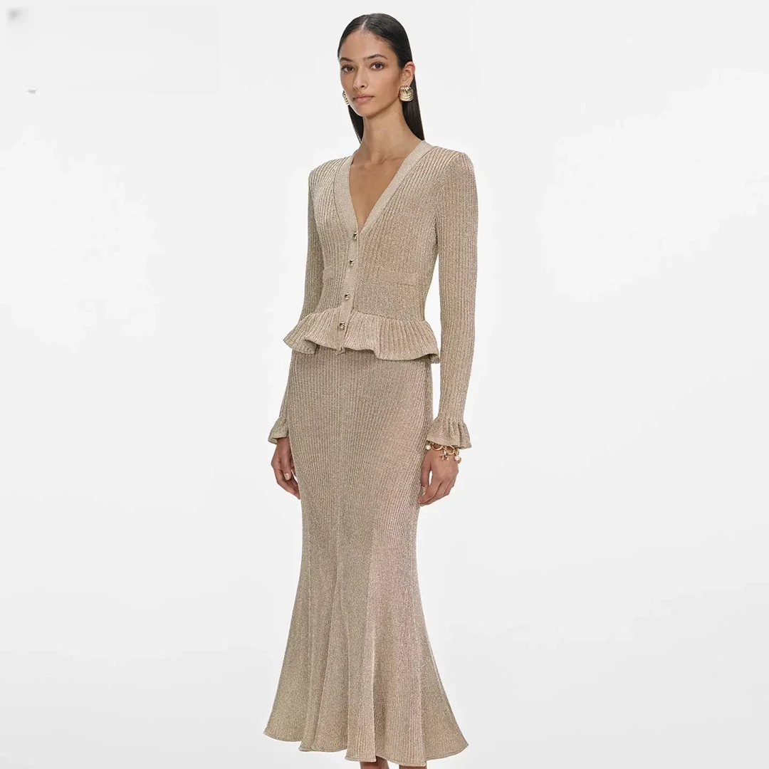 USHARK秋冬新款法式名媛风修身显瘦假两件长袖针织包臀长款连衣裙