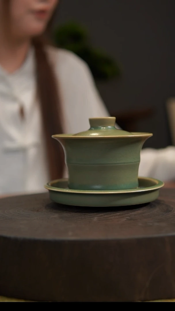 杯子春***画竹节马蹄盖碗 汝州原产地  原矿老釉