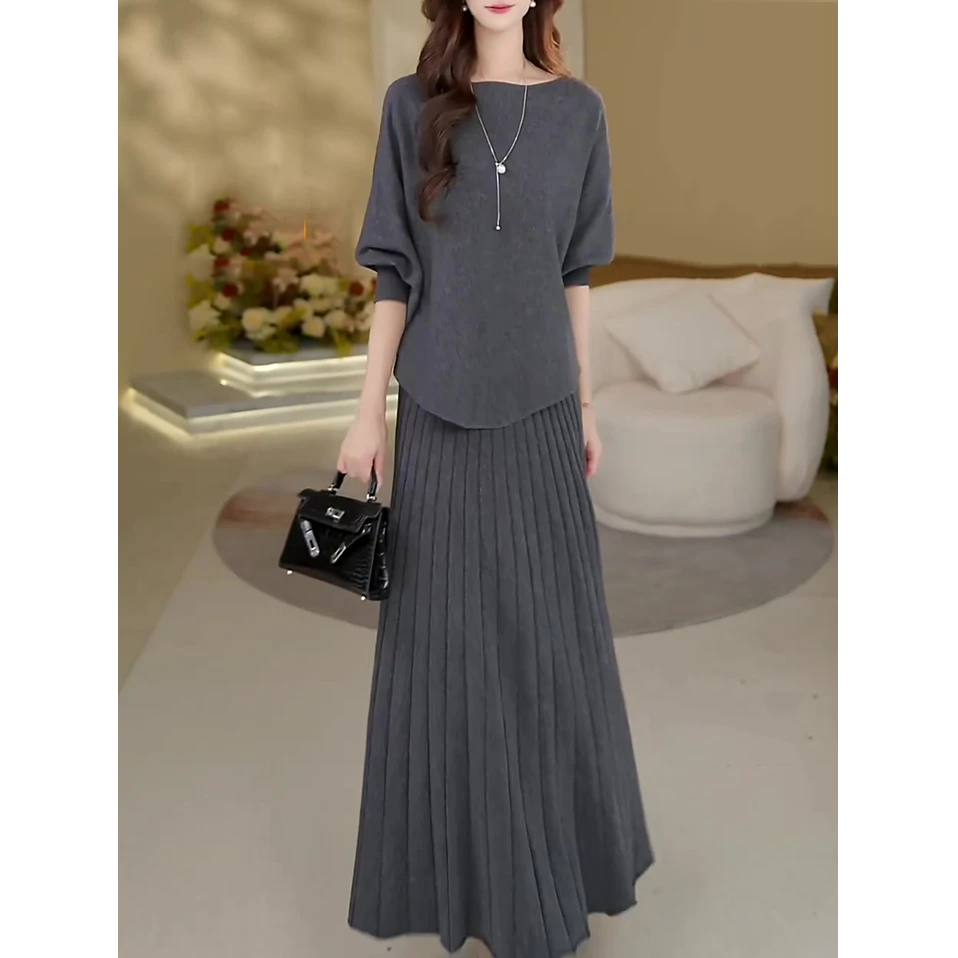 时尚简约休闲针织套装女2025秋冬新款百搭宽松显瘦毛上衣+半身裙