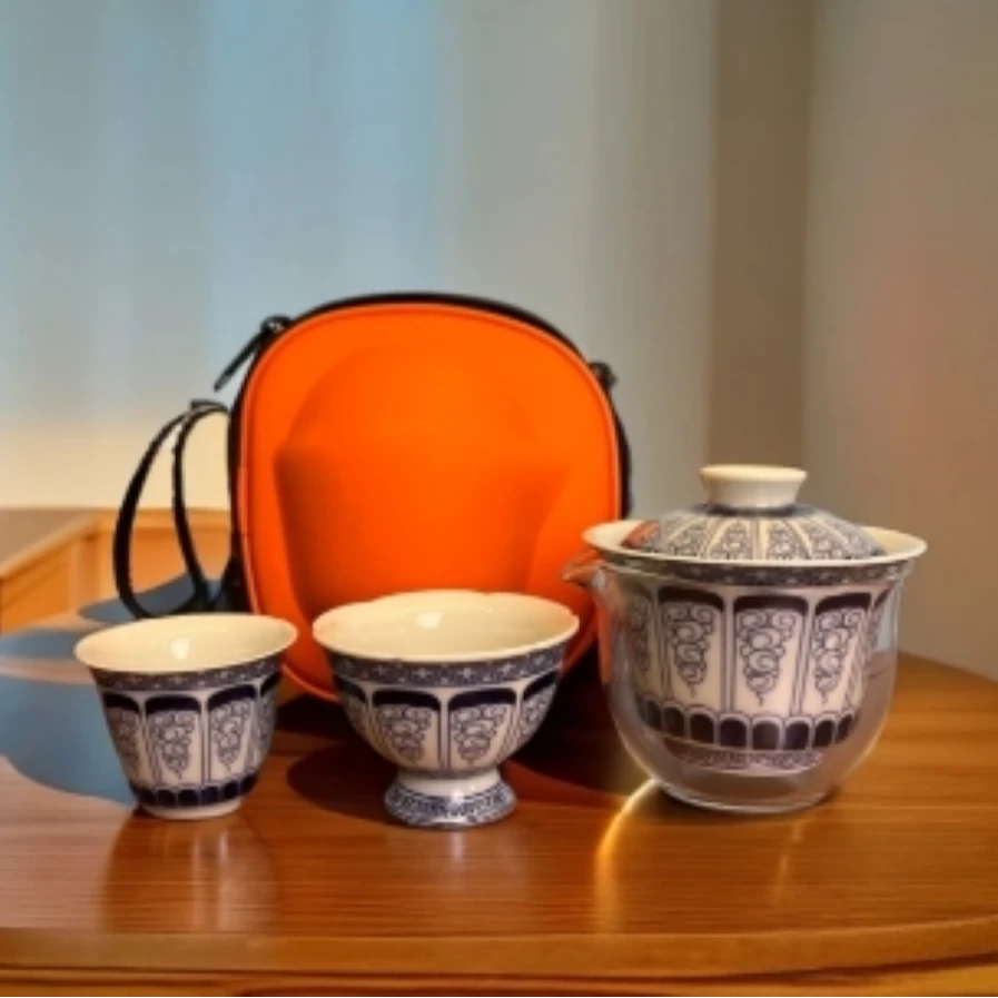 KK0349-卷草纹盖碗旅行套