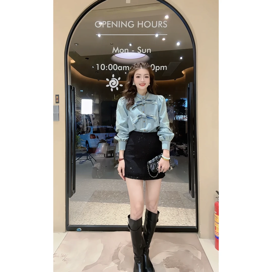 涵儿家 早春复古港风蝴蝶结牛仔衬衣 VS 高腰花边闪片半裙