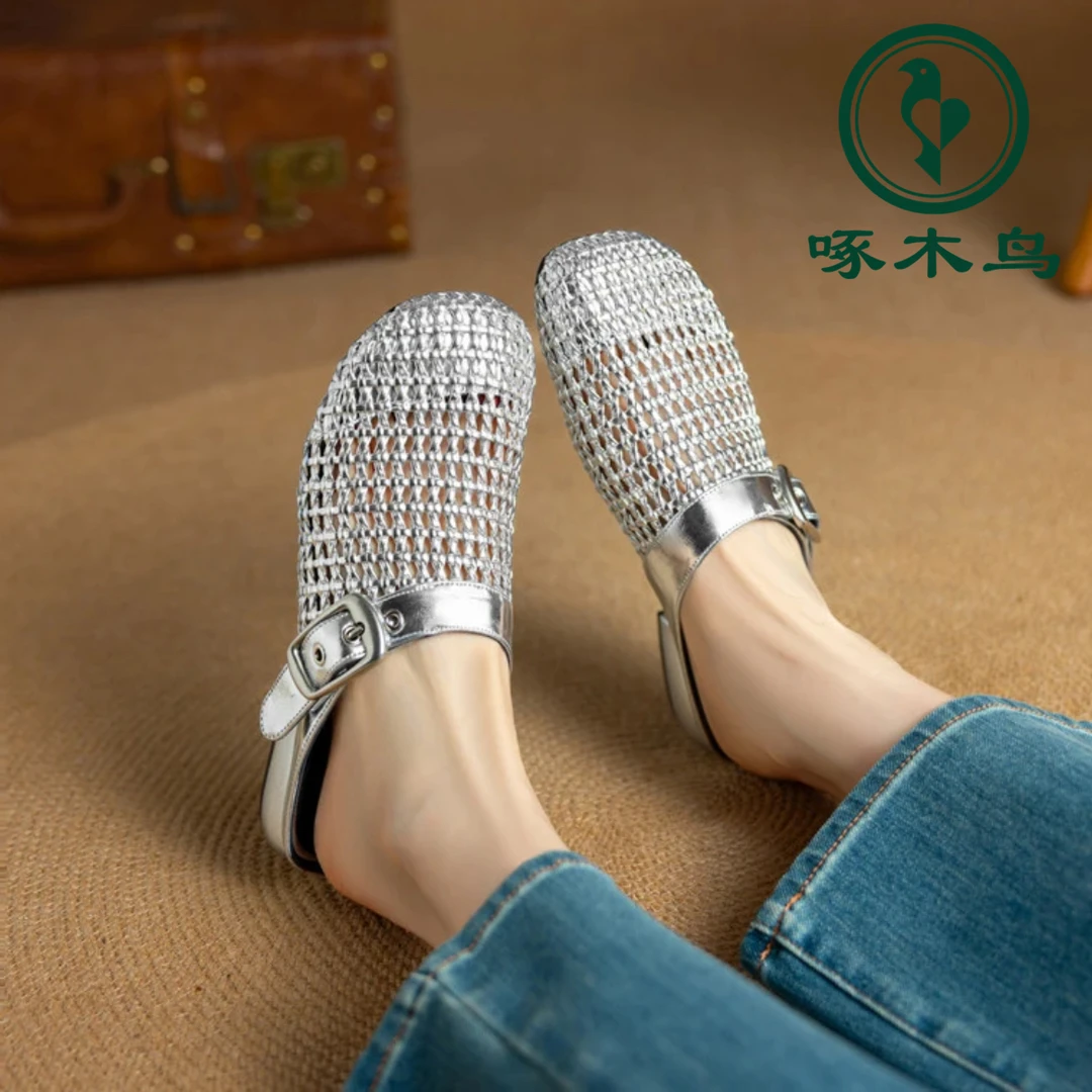 (果果）啄木鸟夏季新款包头凉鞋舒适透气洞洞鞋镂空低跟外穿拖鞋