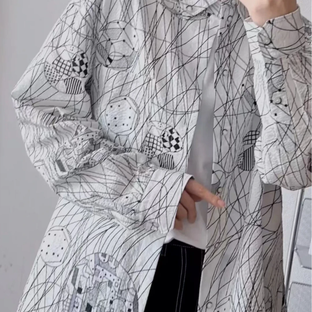 AMASS/阿玛施线条图案印花设计休闲中长款廓形棉质衬衣   5300911