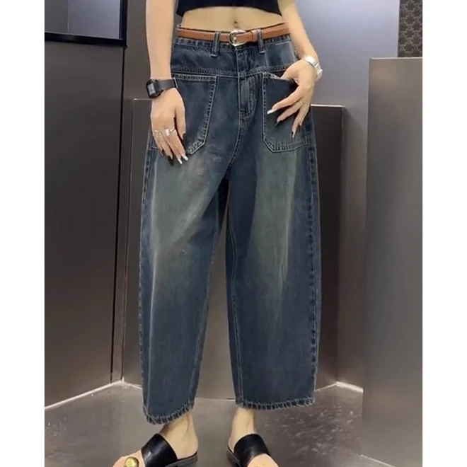 薄款老爹牛仔裤女夏季2025新款大码高腰显瘦哈伦裤宽松直筒八分裤