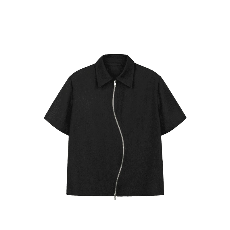 S型双开拉链短袖衬衫男夏季肌理感黑色翻领衬衣cleanfit防晒外套