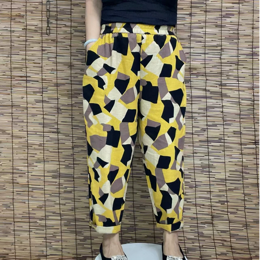 50减龄洋气棉麻花色哈伦裤 遮肉老爹裤