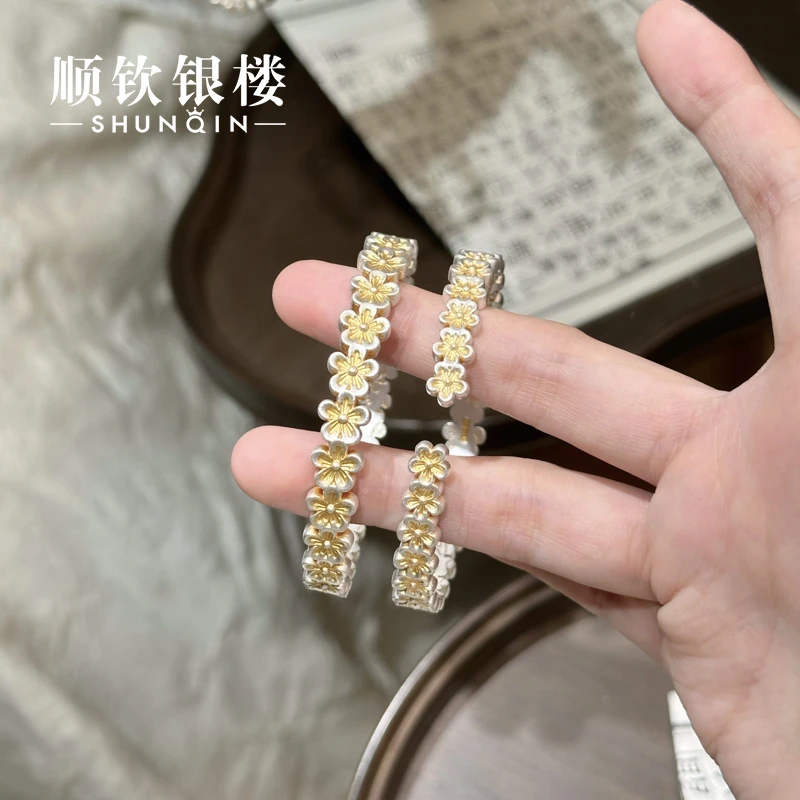 顺钦银楼 足银手镯 【花春序描金手镯】足银999.9梅花优雅精致手镯