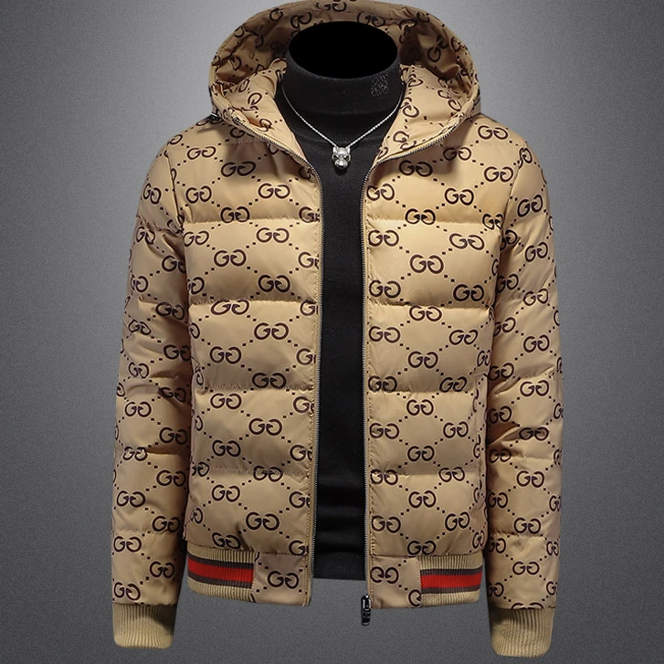 贾鲁萨加高端时尚欧货连帽印花羽绒服男韩版潮流大码连帽时尚外套