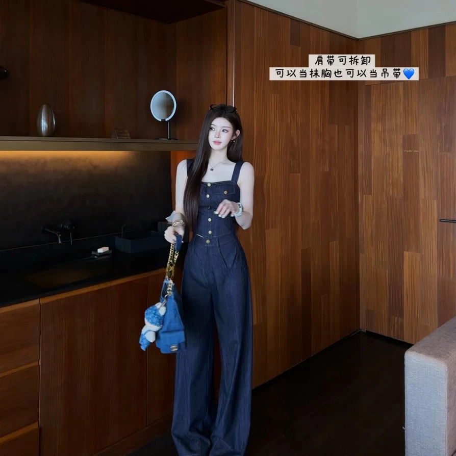 美式辣妹气质性感设计感吊带背2025夏季高腰阔腿牛仔裤时尚套装