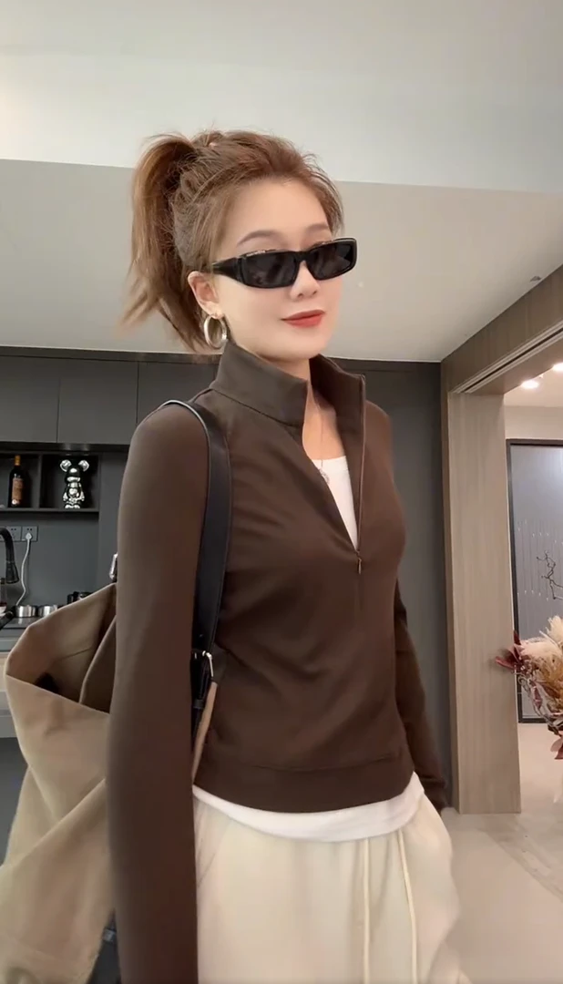 秋季新款拉链假两件长袖T恤女装休闲打底衫上衣显瘦百搭