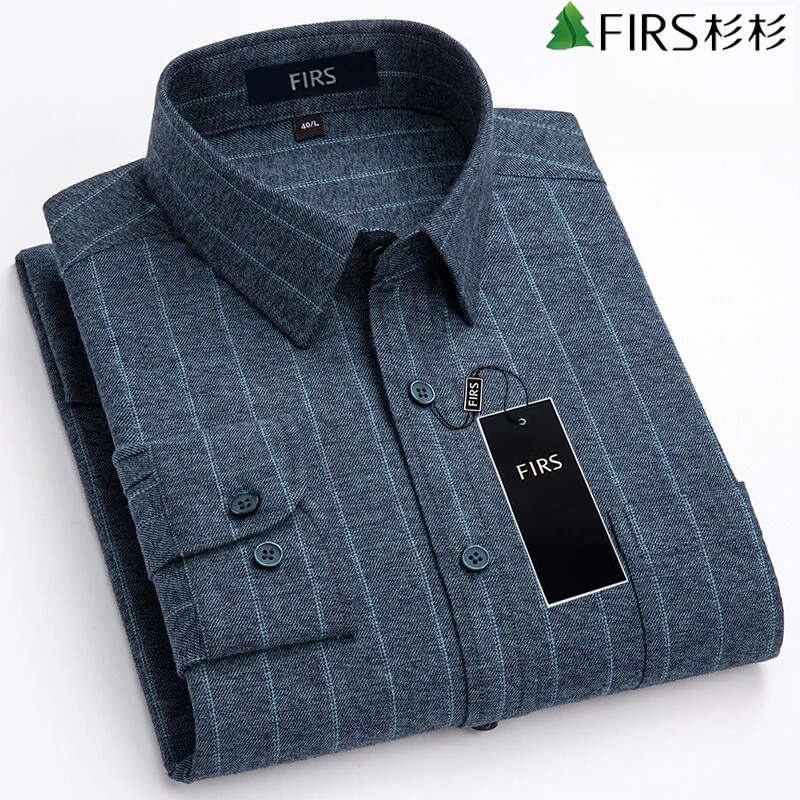 杉杉男士100%纯棉磨毛竖条纹休闲衬衫全棉春秋季100%棉条纹衬衣男