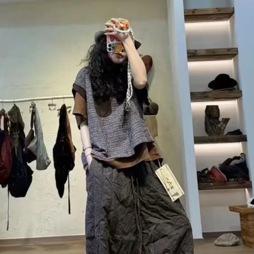 衣牧了然241231亚麻撞色领复古提花减龄纯色休闲女士小口袋背心