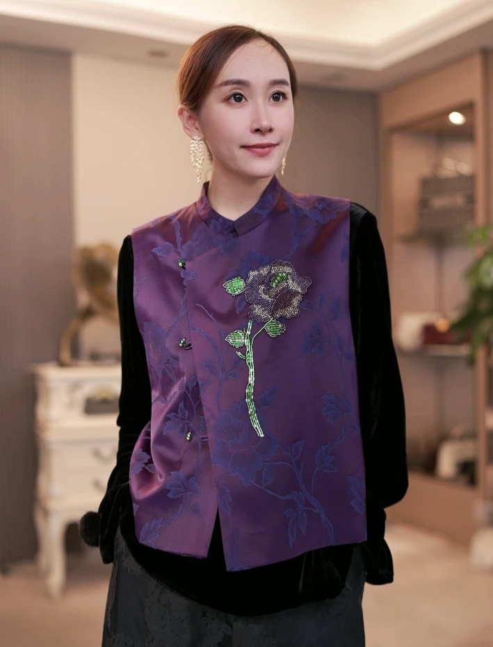 【晓时尚fashion】[翠黛蔷薇]醋酸中式外搭马甲